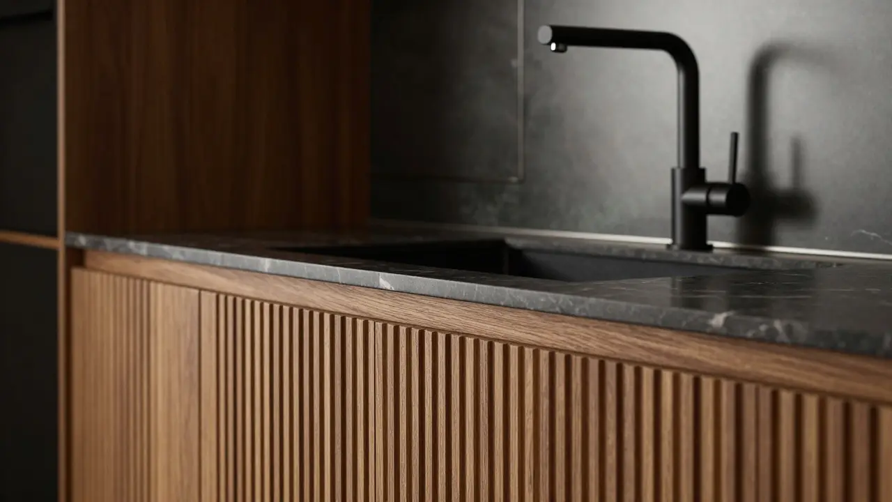 Detailaufnahme von Holzfronten, Naturstein und modernem Wasserhahn