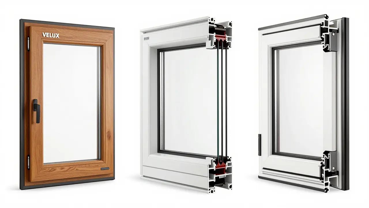 Drei moderne Dachflächenfenster verschiedener Hersteller im Detail