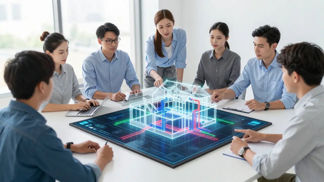 Experten koordinieren Gewerke mit einem 3D-BIM-Modell am digitalen Tisch.