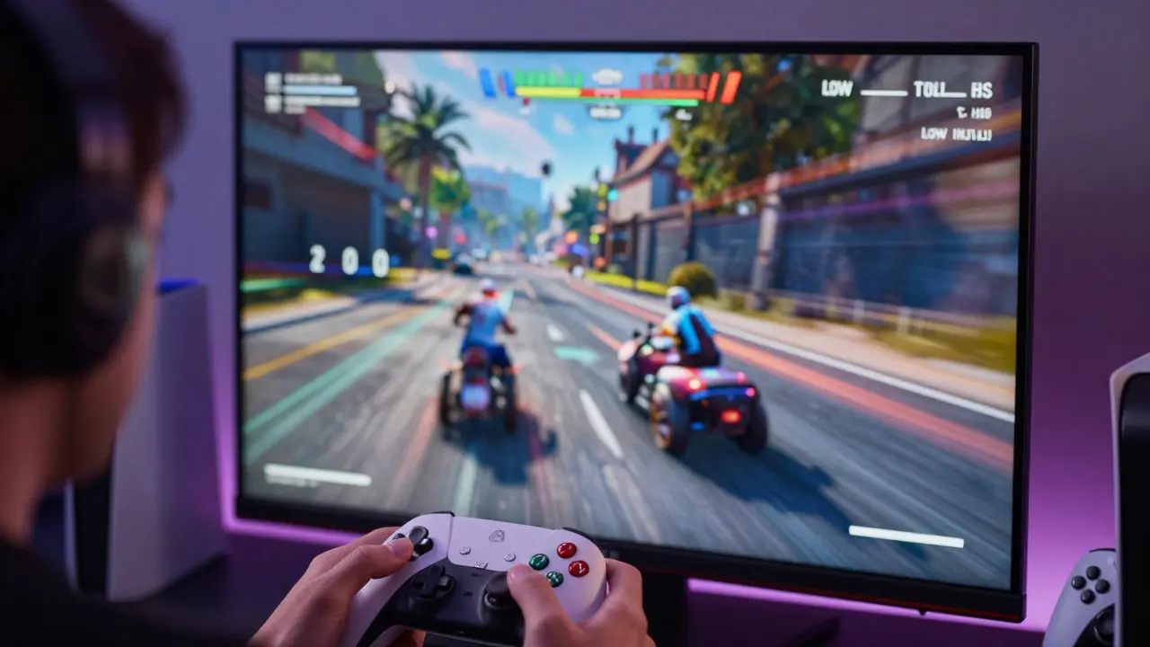 Gamer vor einem scharfen Bildschirm mit niedriger Latenz und dynamischem Licht