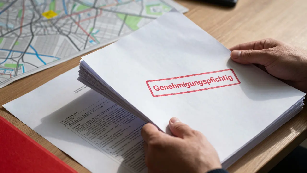 Hände mit Bauplänen und Dokumenten auf Schreibtisch, bürokratische Hürden