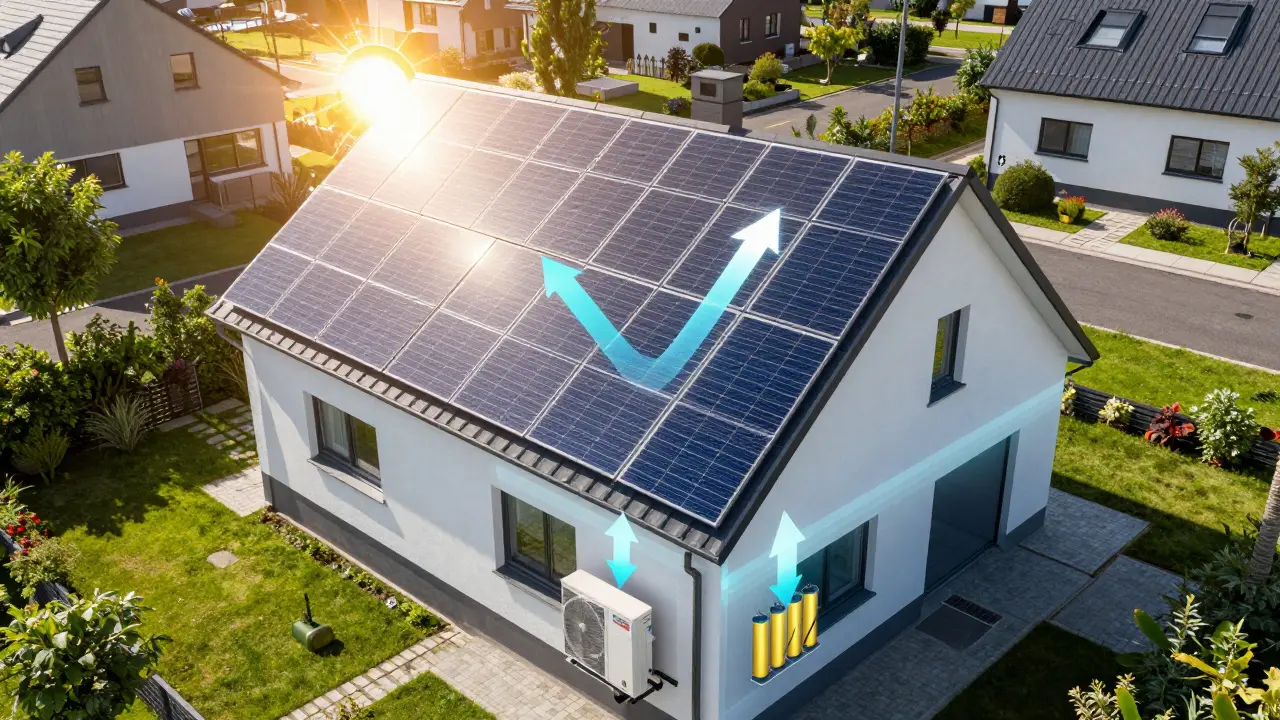 Haus mit Solaranlage und durchsichtiger Darstellung der Energiesysteme