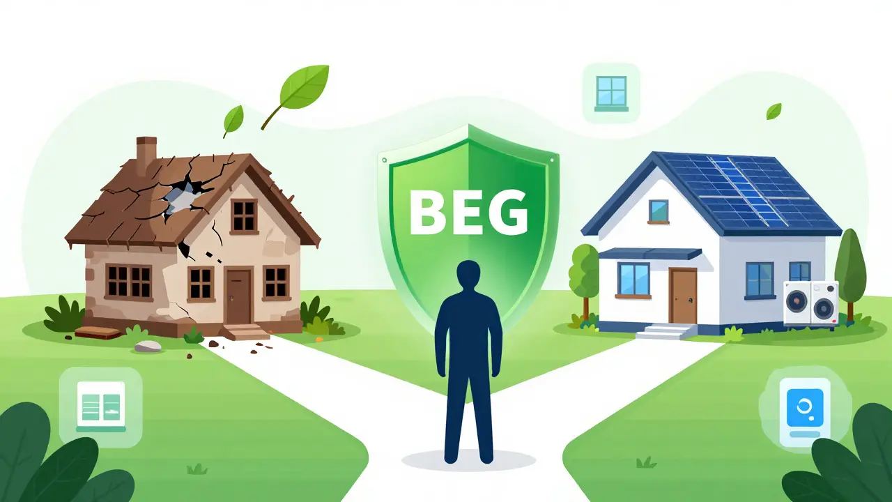 Illustration: Hausbesitzer wählt zwischen Altbausanierung und BEG-Förderung