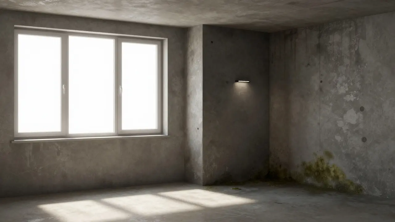 Kontrast zwischen belüfteter Wohnung und feuchter Wand mit Schimmelbildung