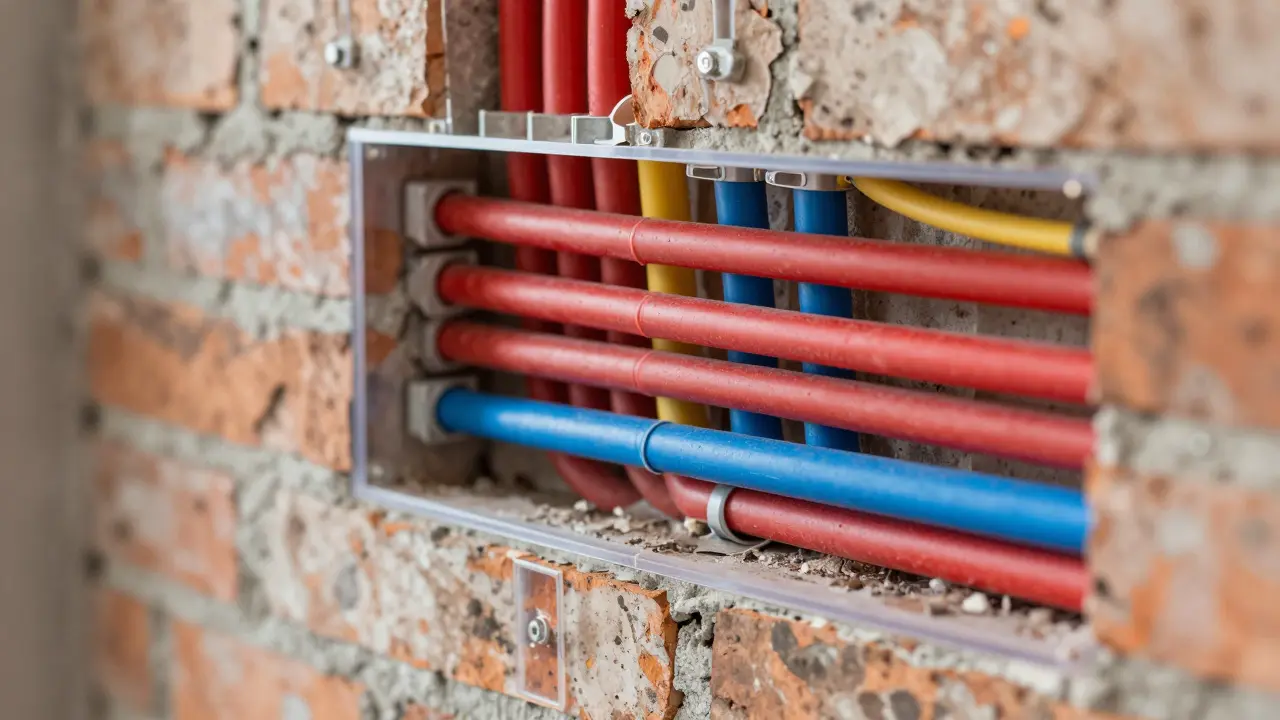 Querschnitt einer Wand: Geordnete Verlegung von Heizung, Elektro und Sanitär.