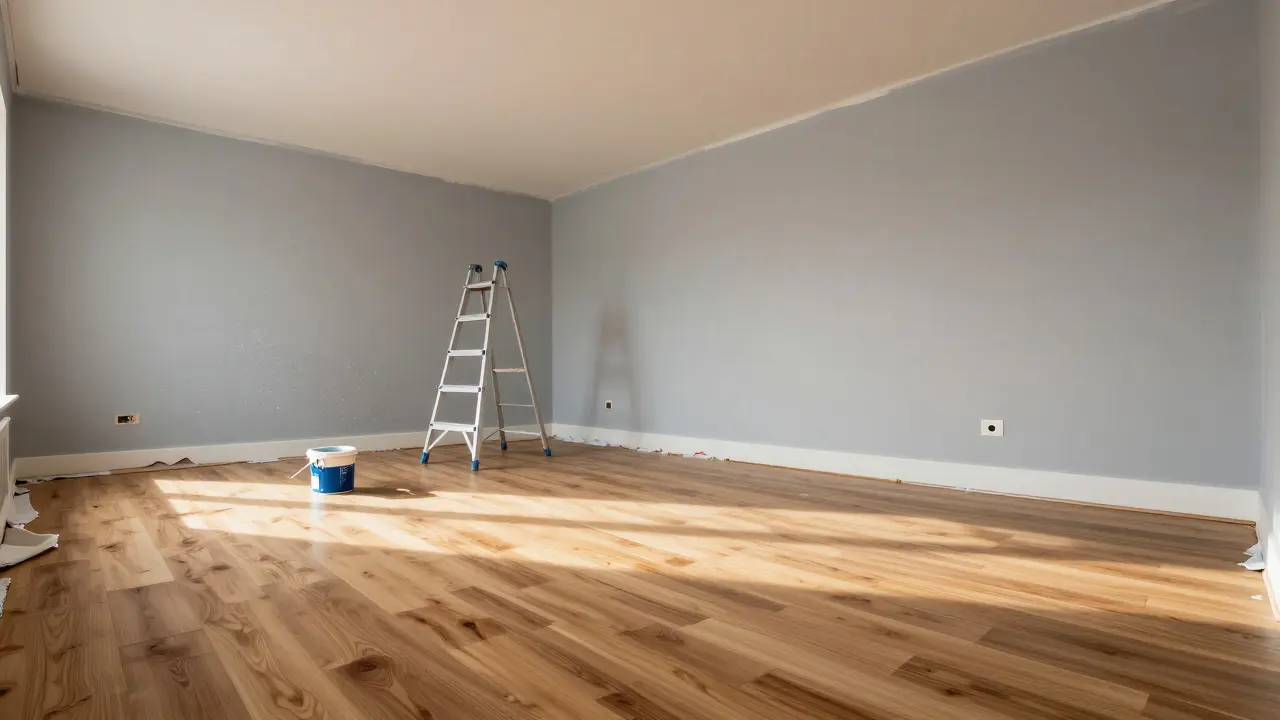 Schlafzimmer während der Renovierung: Boden gelegt, Wände gestrichen