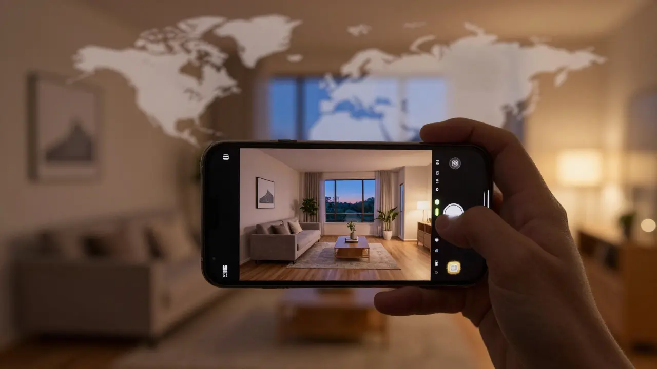 Smartphone zeigt gestylten Immobilienrundgang mit globalem Erreichbarkeits-Hintergrund