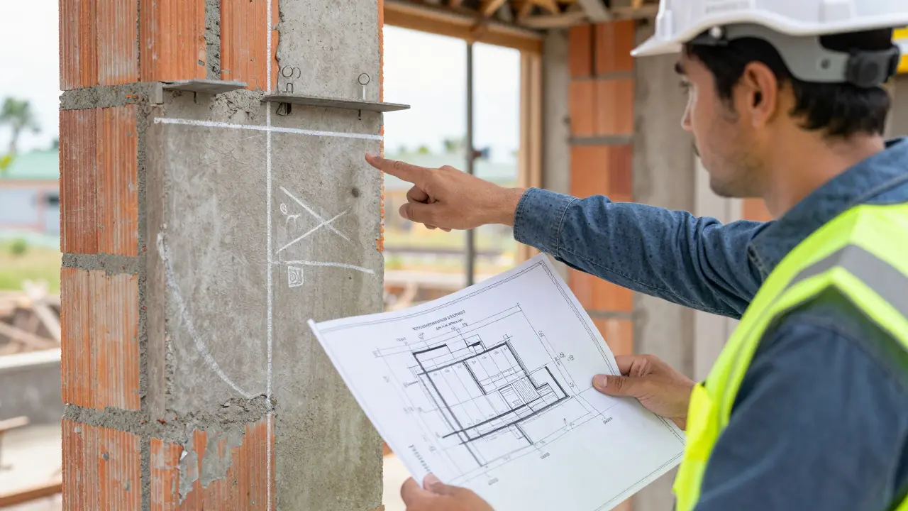 Statiker prüft tragende Wand mit Bauplänen vor Renovierung