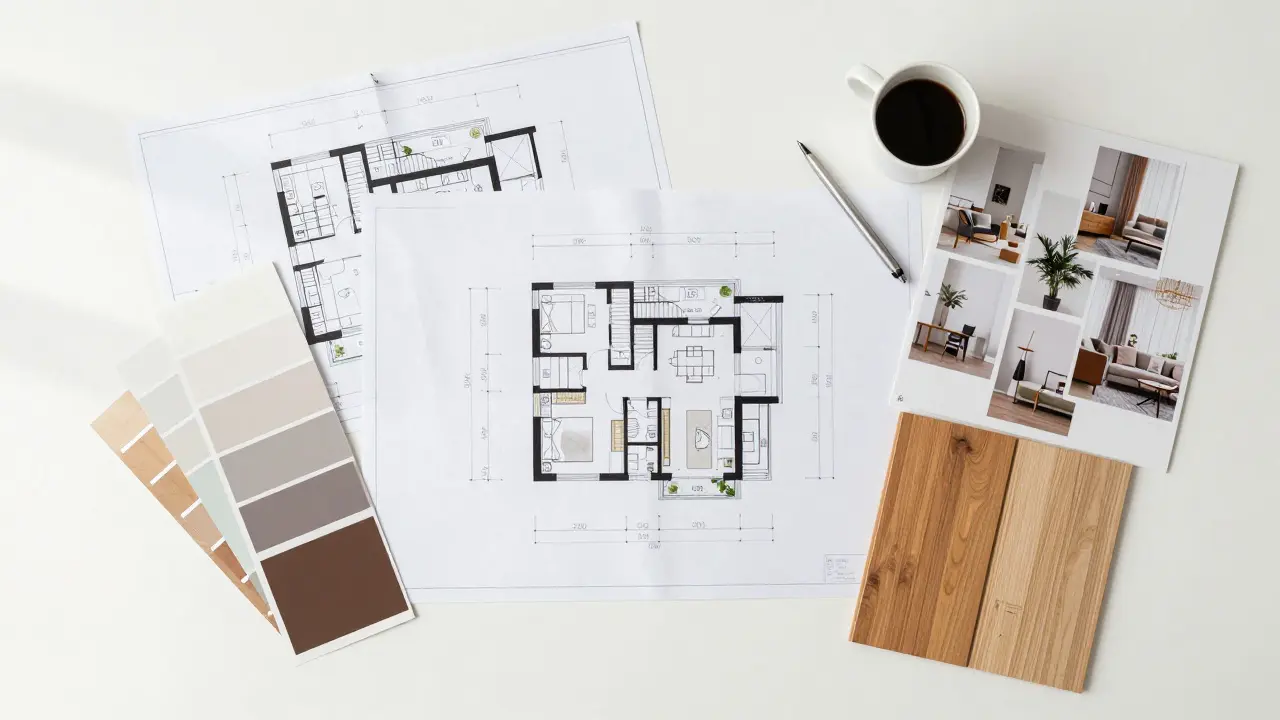 Übersicht über Baupläne, Farbmuster und Materialien für die Gesamtplanung