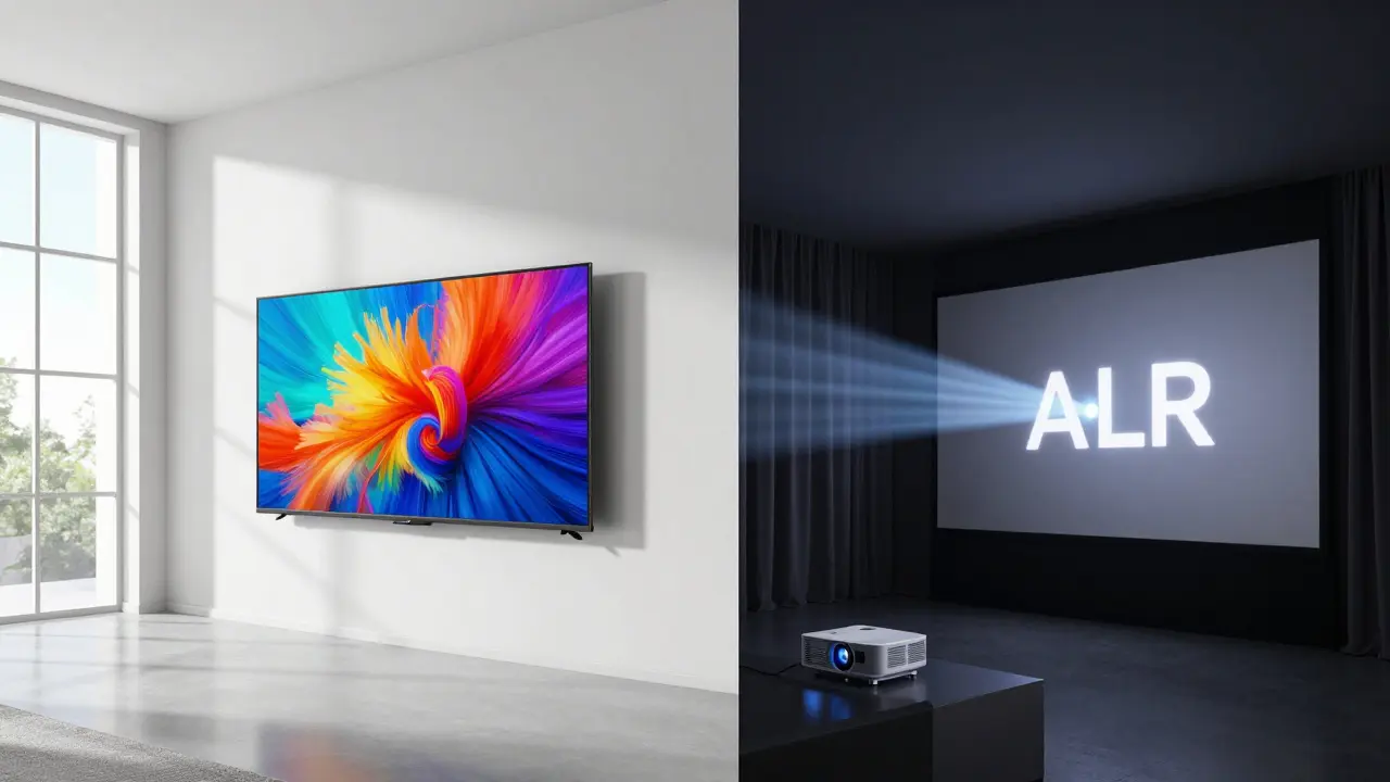 Vergleich: Helle OLED-TV bei Tageslicht gegenüber Projektor im dunklen Raum
