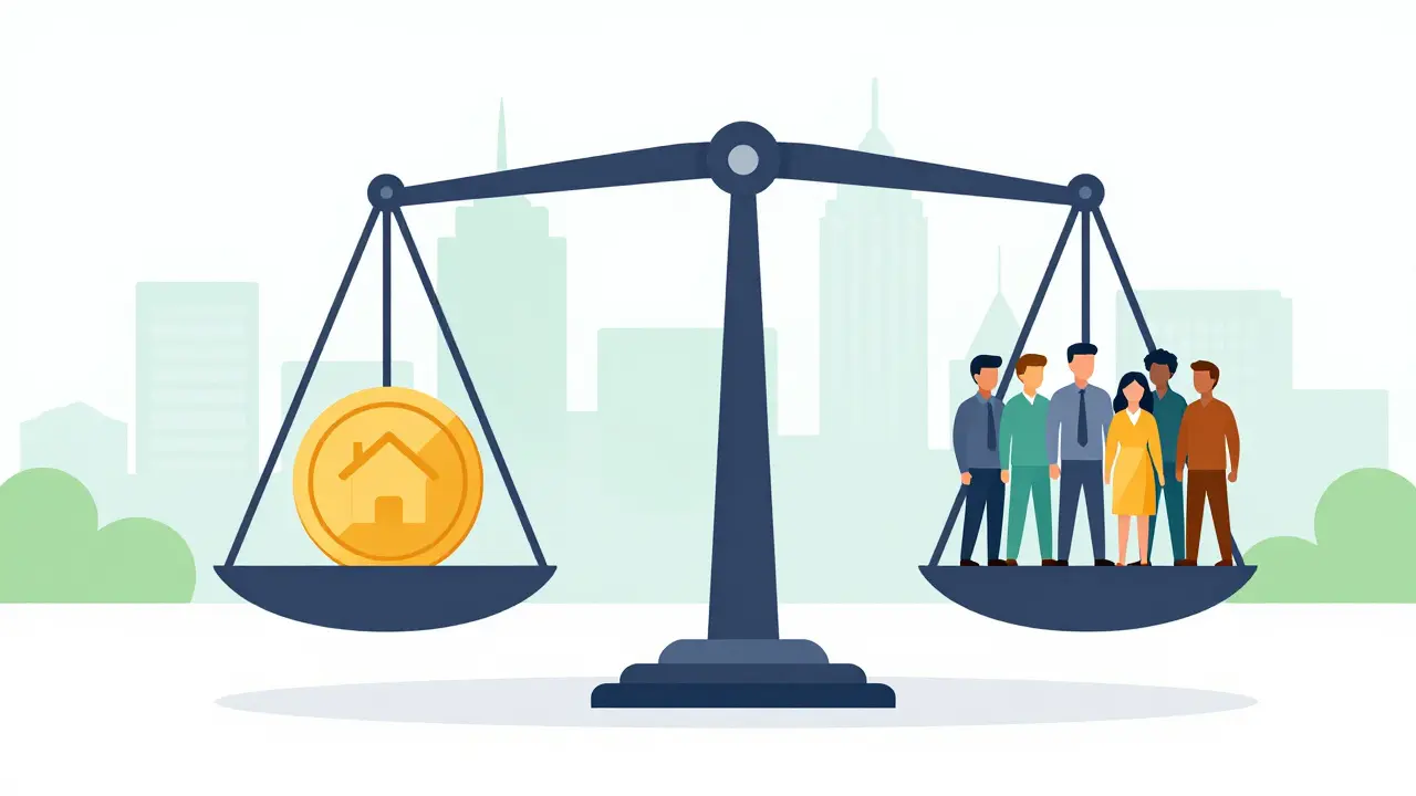 Wage mit Geld und Menschen, Symbol für Balance zwischen Wirtschaft und Sozialem