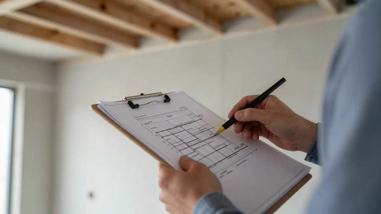 Architekt prüft Statikpläne in einer halbfertigen Wohnung