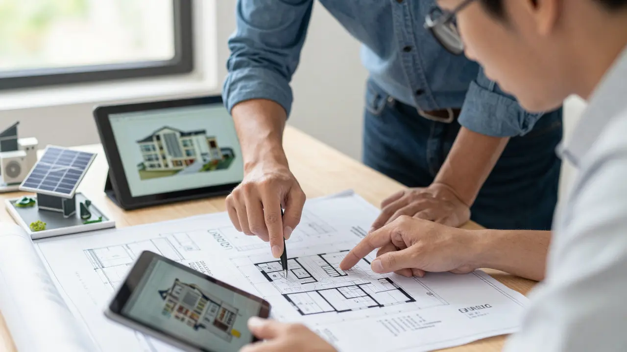 Architekt und Energieberater diskutieren Baupläne für QNG-Zertifizierung