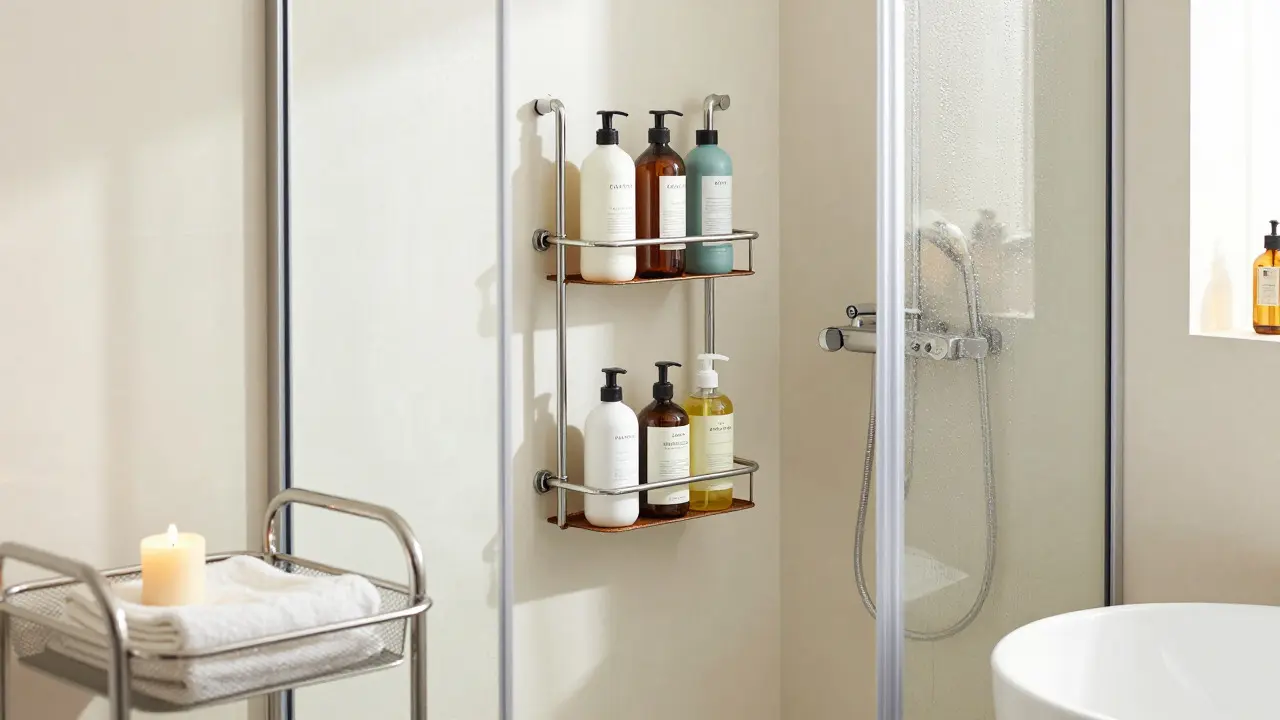 Edelstahl-Duschkorb in der Duschnische und ein mobiler Rollwagen neben der Badewanne