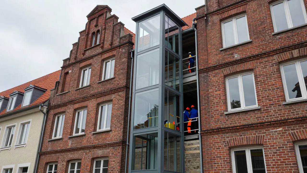 Einbau eines modernen Glasaufzugs an einem historischen Altbau