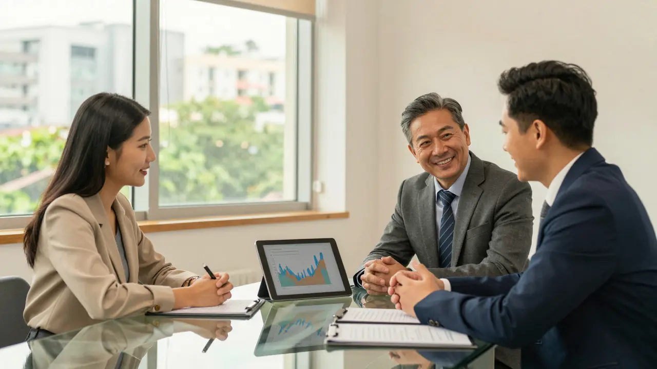 Familie und Berater besprechen erfolgreich die Finanzierungsstrategie