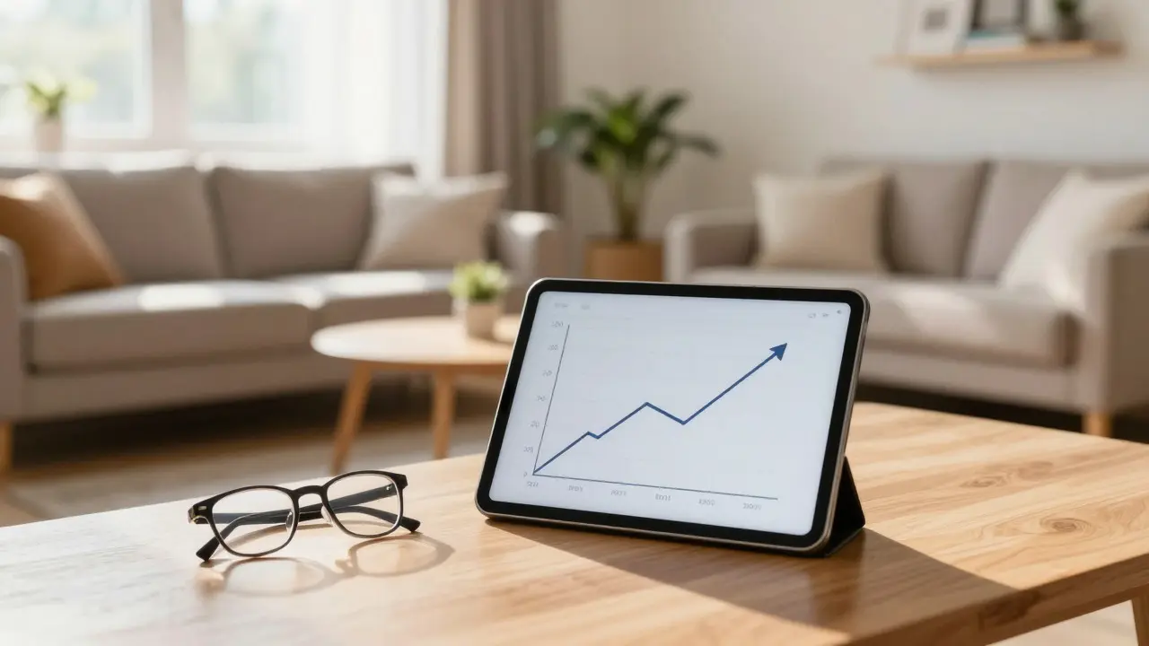 Gemütliches Wohnzimmer mit Tablet zur Finanzkontrolle im Vordergrund