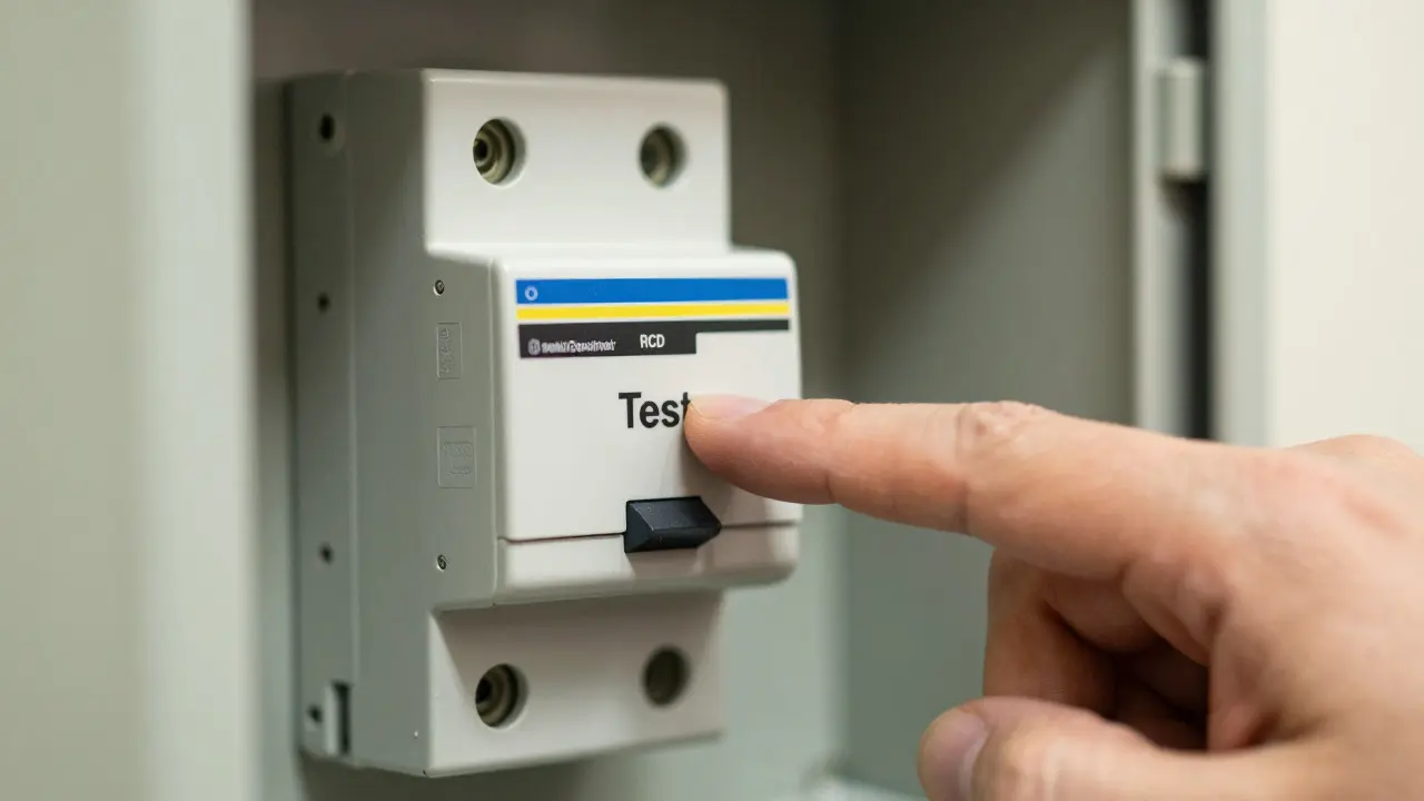 Hand drückt den Testknopf eines FI-Schalters im Sicherungskasten