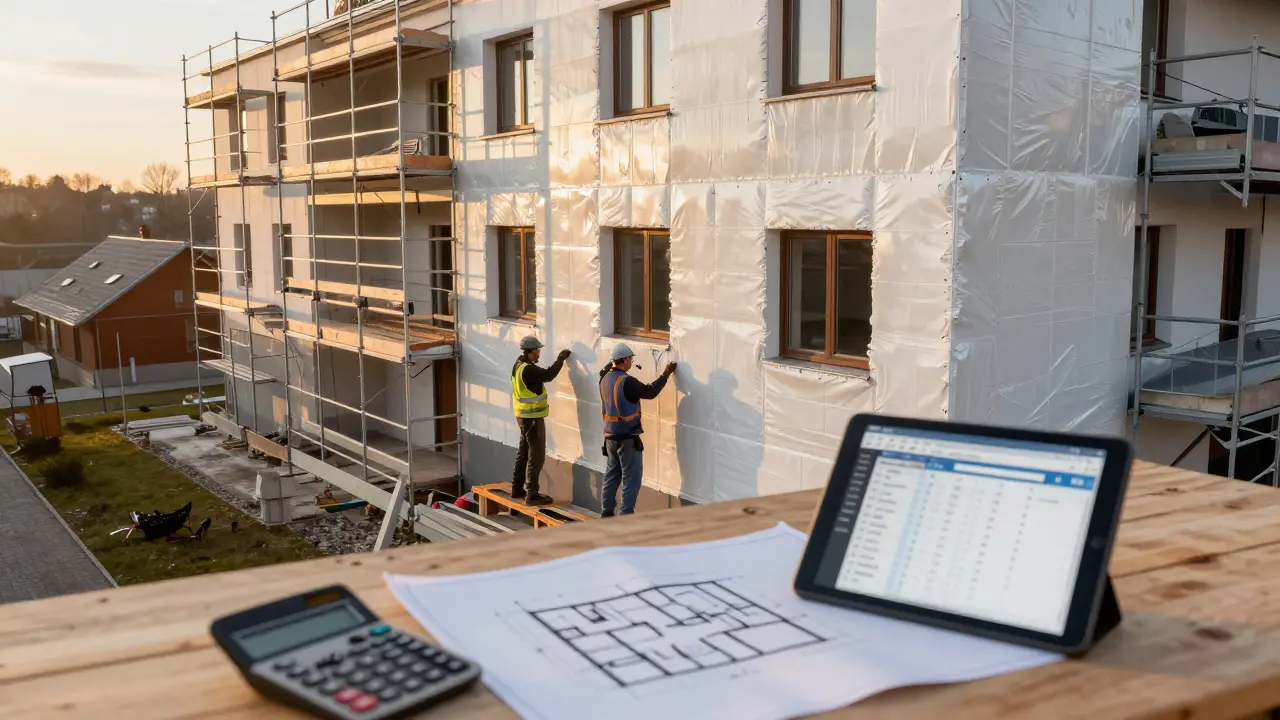 Hausfassade wird isoliert, im Vordergrund liegen Baupläne
