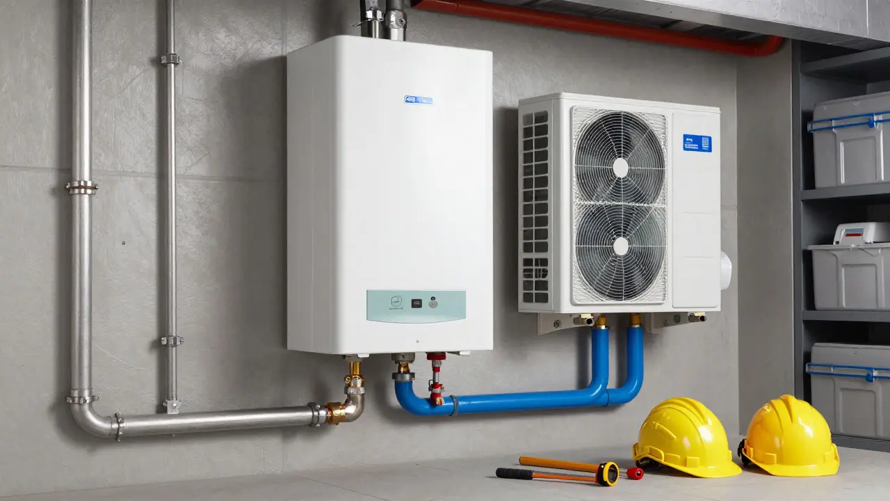 Installation einer modernen Hybridheizung mit Wärmepumpe im Keller