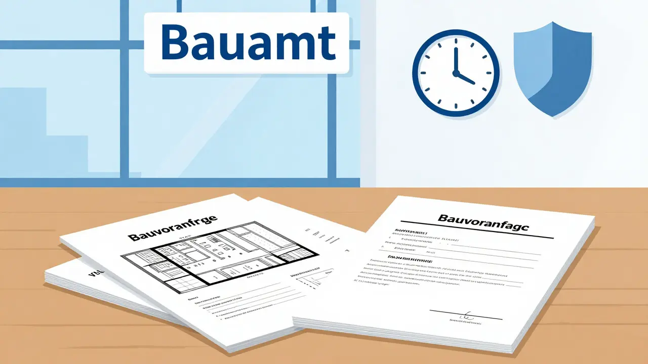 Ordentliche Unterlagen für eine Bauvoranfrage vor einem Rathaus-Fenster
