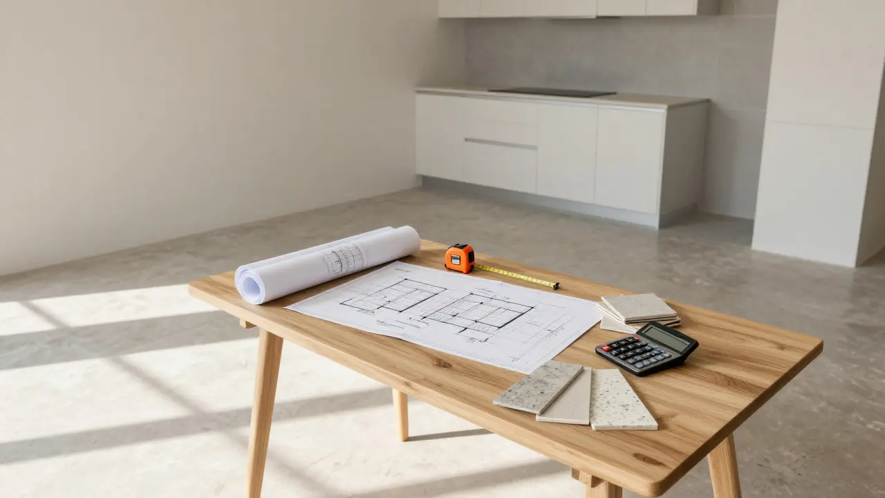 Planungsphase einer Küchensanierung mit Bauplänen und Materialproben