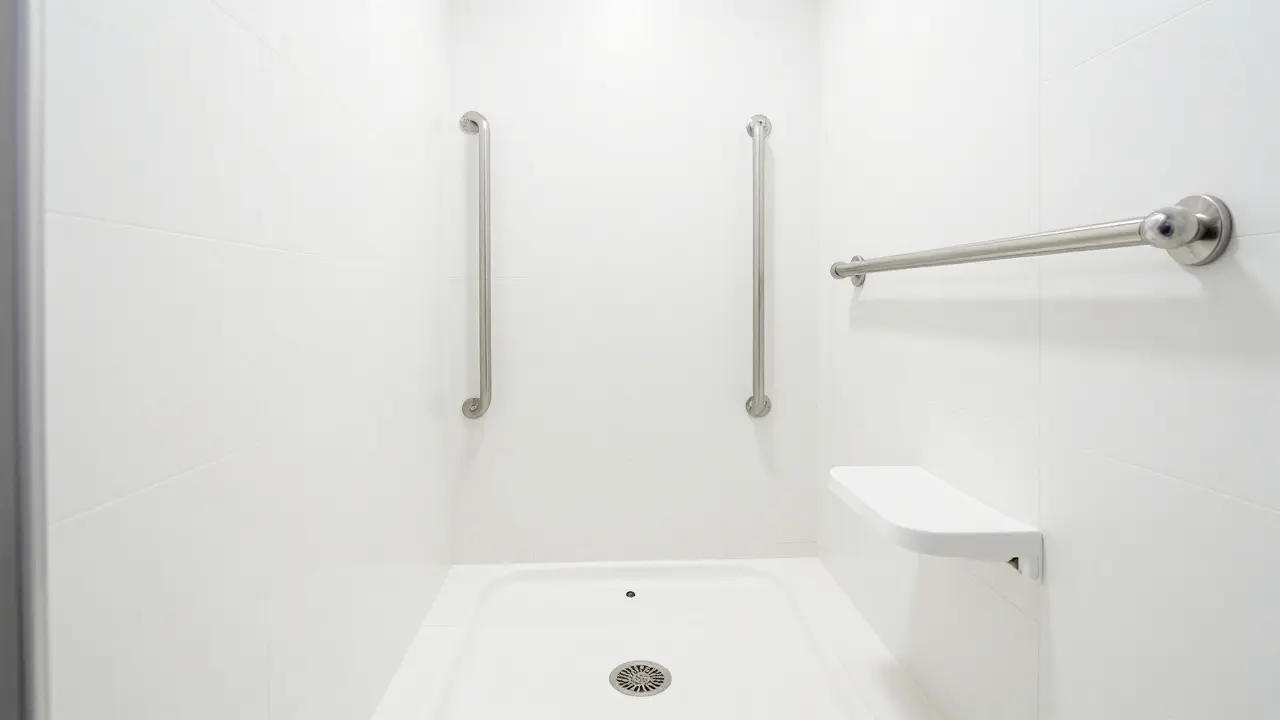 Sperrige barrierefreie Dusche mit Haltegriffen und Klappsitz