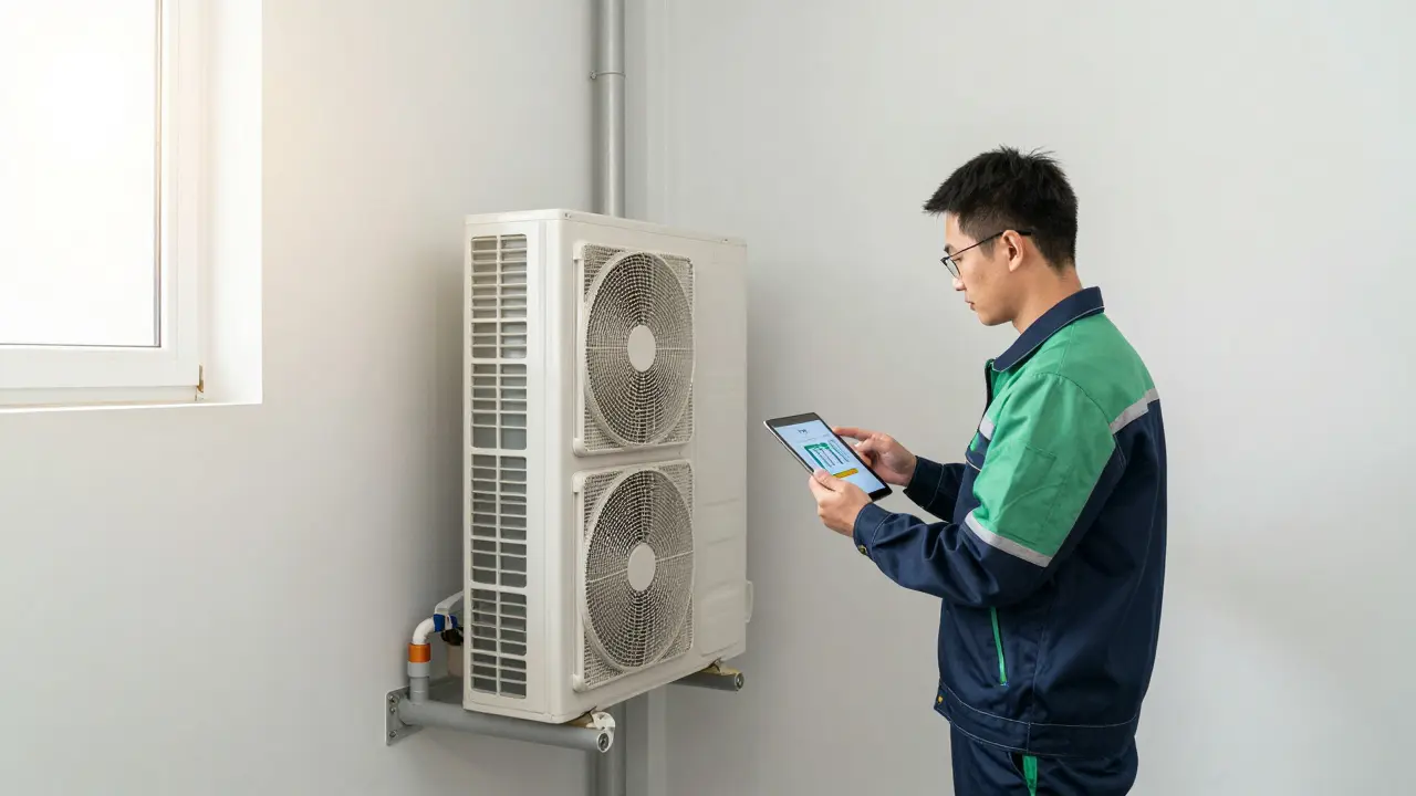 Techniker überprüft eine Wärmepumpe im Technikraum mit Tablet