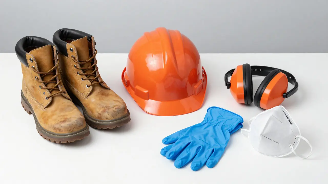 Überblick über wichtige Sicherheitsausrüstung wie Schuhe, Helm und Masken