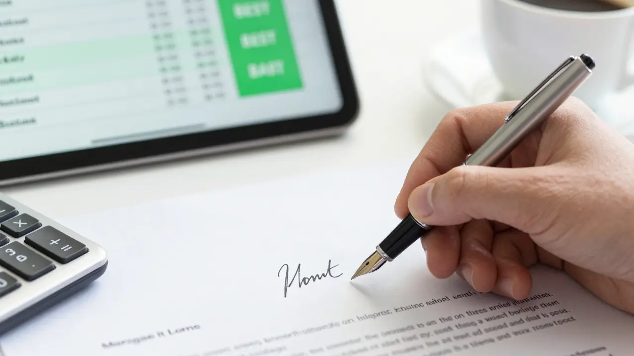 Unterschrift auf Immobilienkreditvertrag mit Vergleichstabelle im Hintergrund