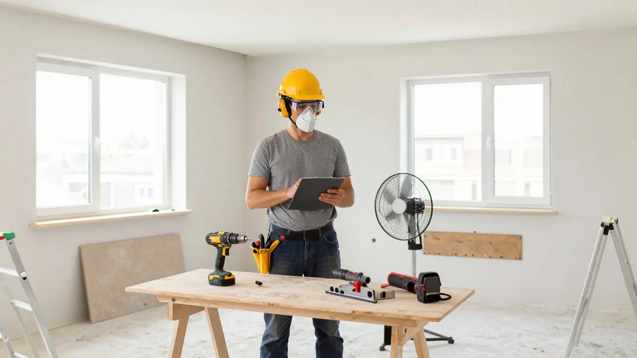 Vorbereiteter Renovierungsplatz mit lüftendem Fenster und sicherem Arbeitsbereich