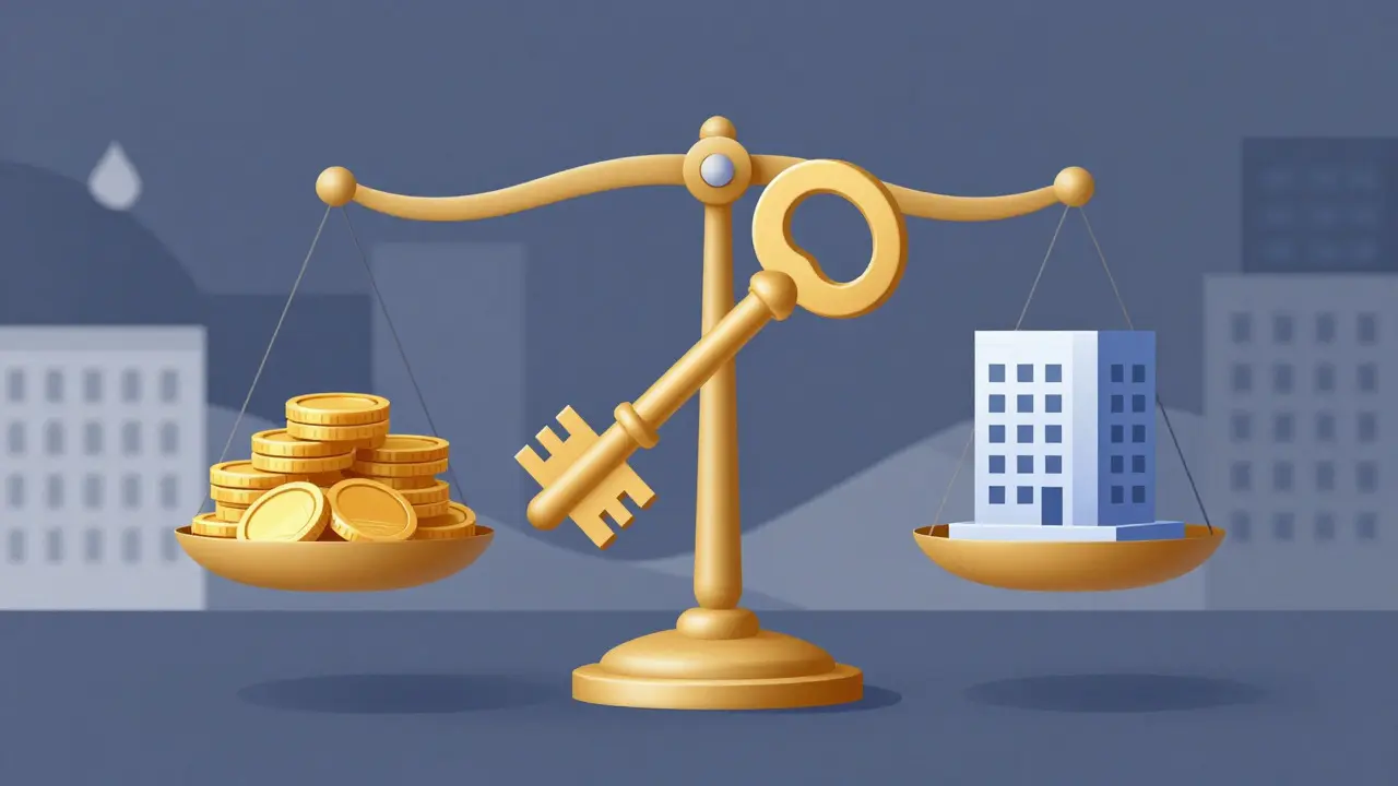 Conceptual illustration of a golden key balancing coins and a building on a scale