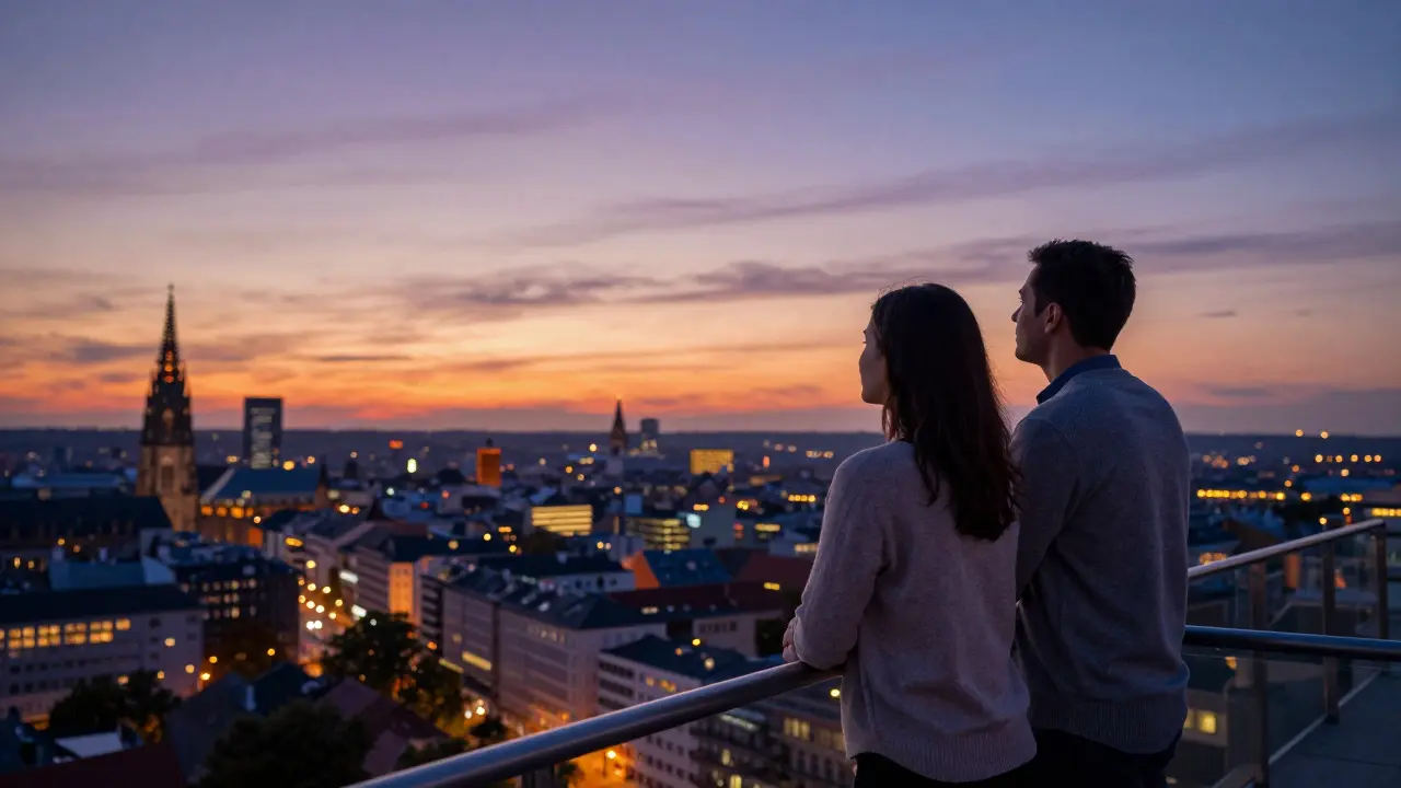 Couple on a balcony overlooking a city skyline at dusk, symbolizing financial stability