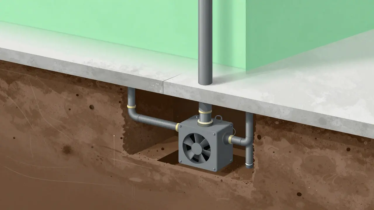 Cross-section diagram of a house showing a radon extraction system under the floor