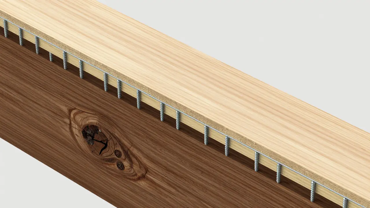 Detailansicht der Verstärkung von Holzbalken mit Schichtholzplatten