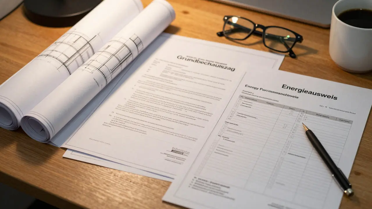 Dokumente wie Grundbuch und Energieausweis auf dem Tisch