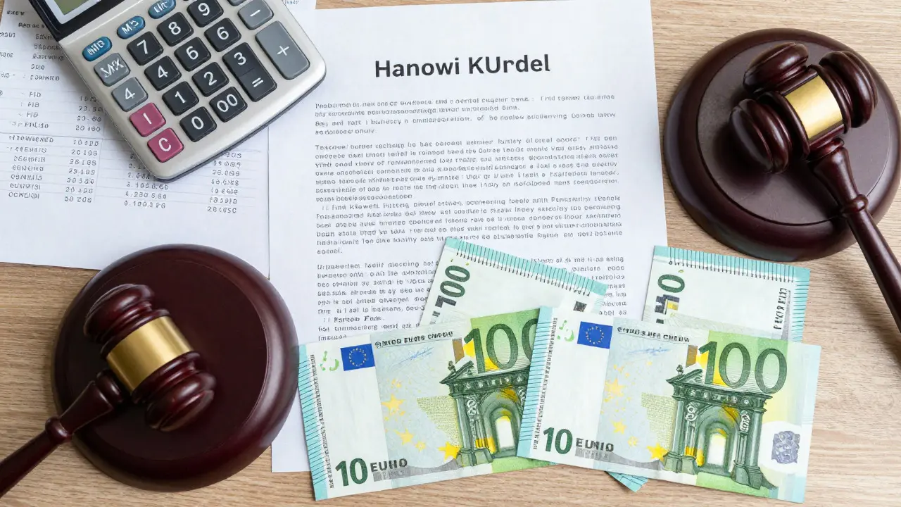 Euro-Bargeld, Rechenmaschine und Richterschlagholz symbolisieren Rückabwicklungskosten