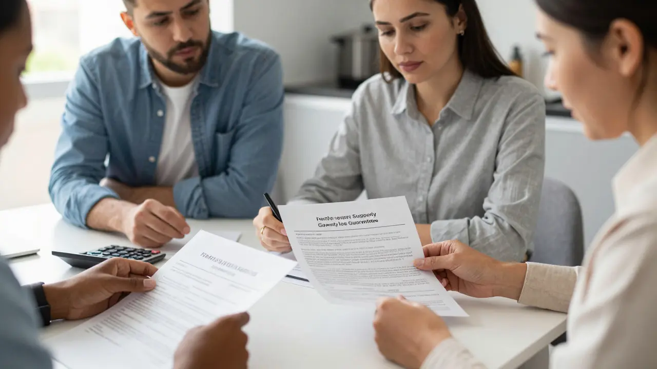 Familie bespricht Finanzierungsdokumente am Küchentisch