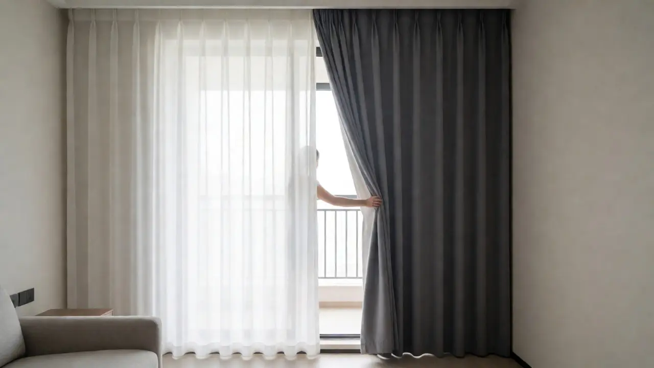 Gefütterte Vorhänge mit lichtdurchlässiger Gardine im modernen Raum