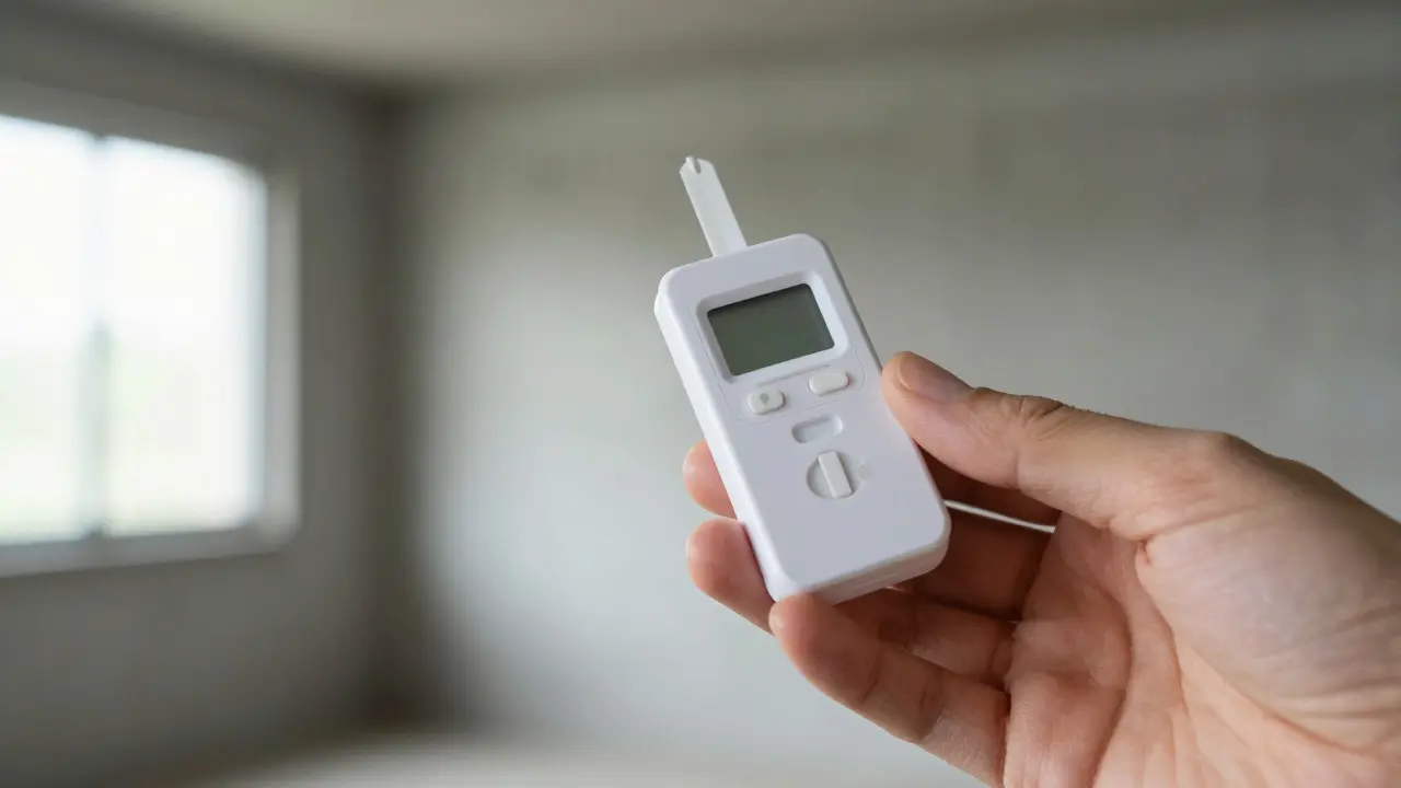 Hand holding a small white radon detector device in a bright basement