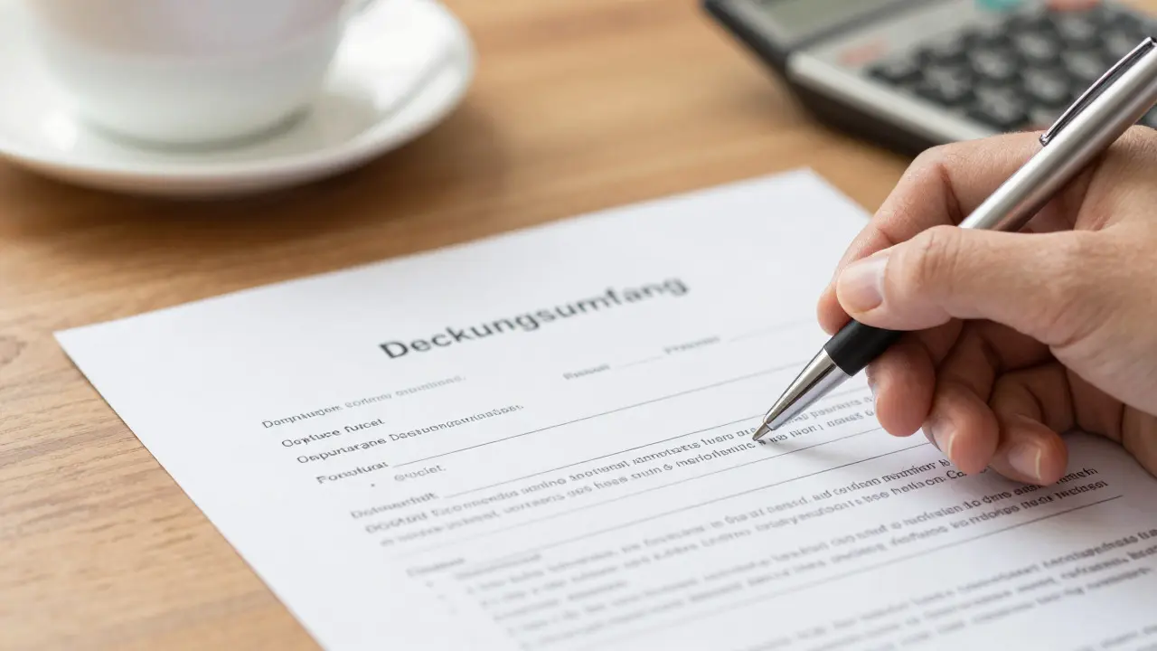 Hand prüft einen Versicherungsvertrag auf dem Tisch