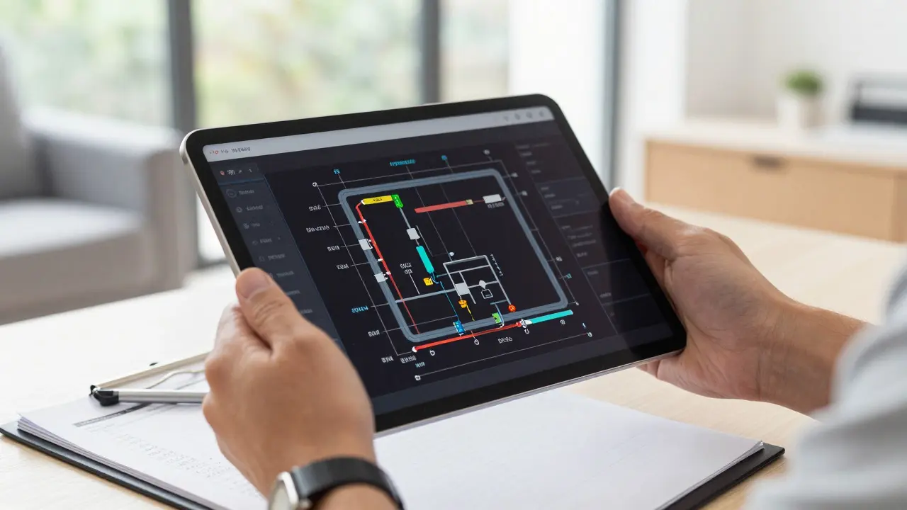 Hände halten ein Tablet mit Heizungsdiagramm vor dem Hintergrund eines hellen Wohnzimmers