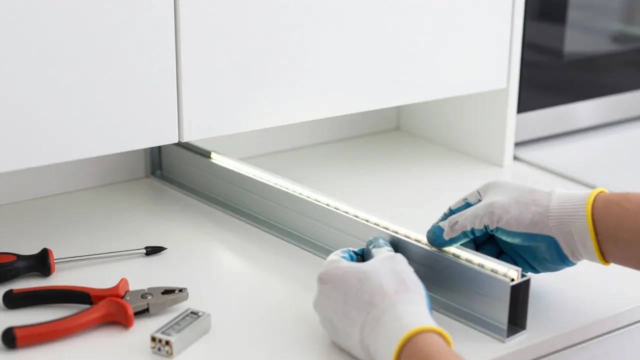 Hands installing an LED strip into an aluminum profile under a kitchen cabinet