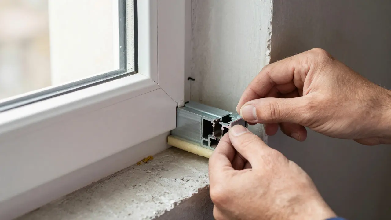 Handwerker installiert wärmebrückenfreies Profil am Fensteranschluss
