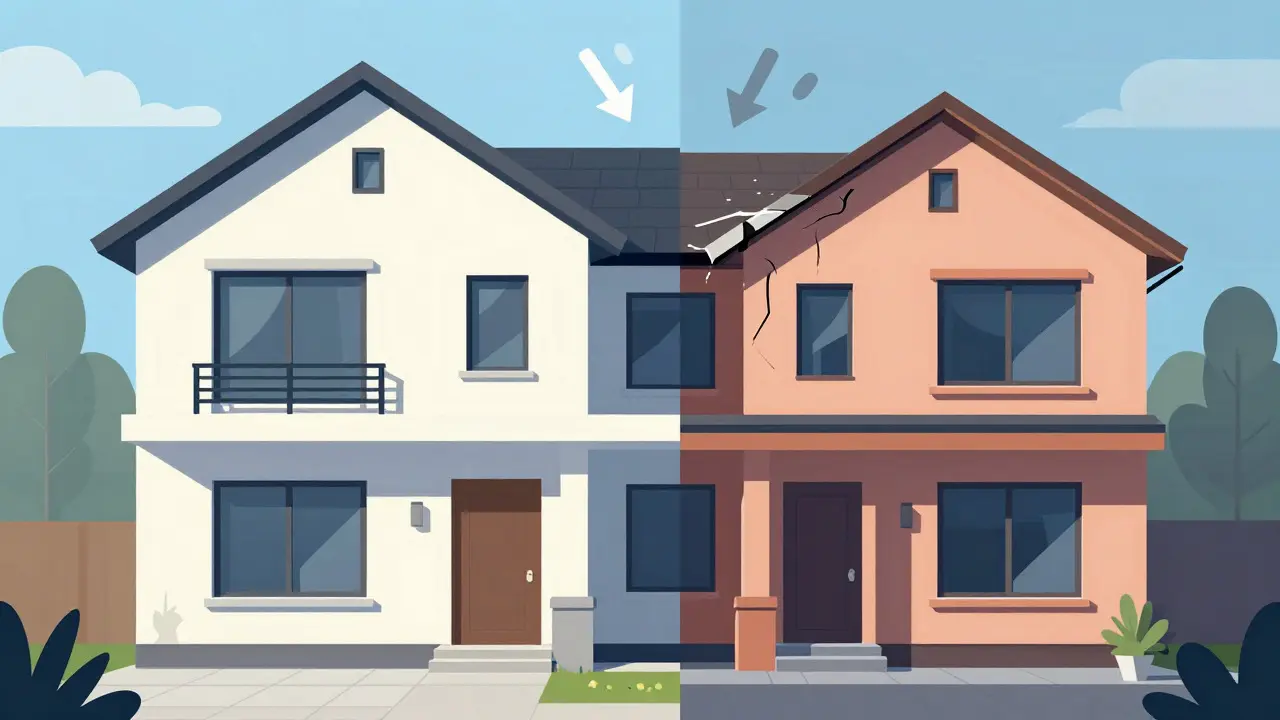 Konzeptillustration: Haus mit Schäden zeigt sinkenden Marktwert