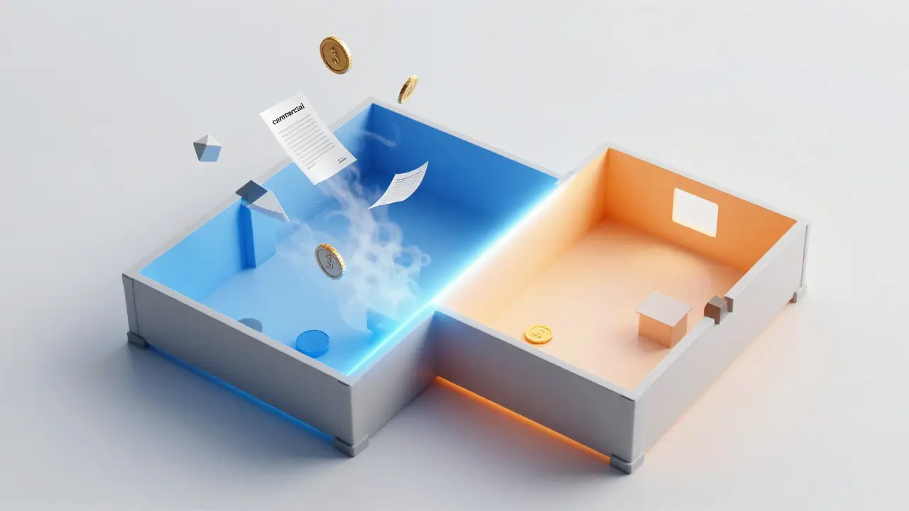 Konzeptionelle Illustration eines Grundrisses, der in private und gewerbliche Bereiche geteilt ist