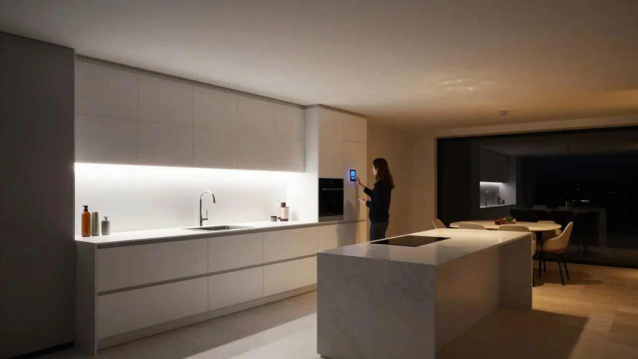 Modern kitchen at night with warm smart LED under-cabinet lighting and a person nearby