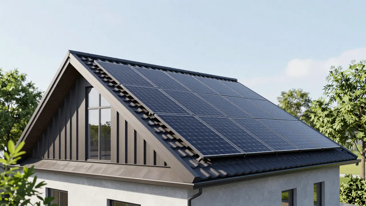 Modernes Dach mit Photovoltaik-Modulen und Aufsparrendämmung im Sonnenlicht
