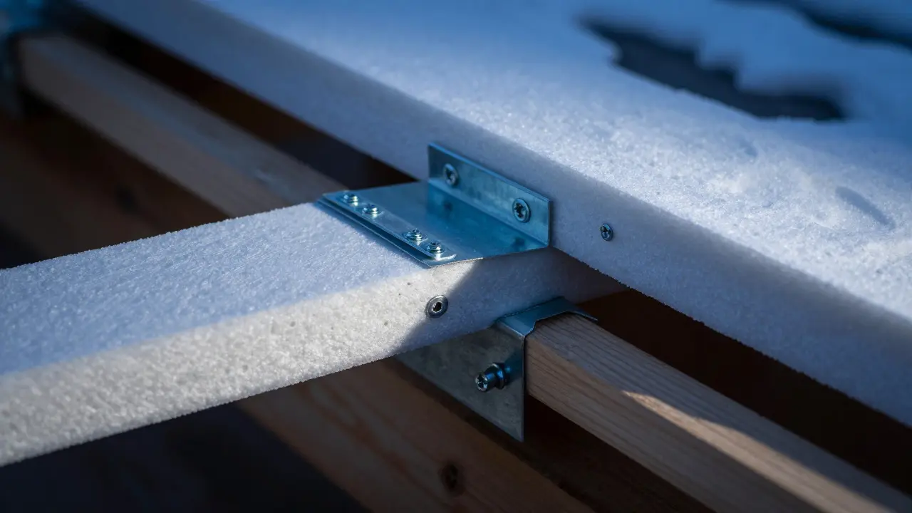 Nahaufnahme von Schrauben und Clips, die Dämmplatten am Holzdach befestigen