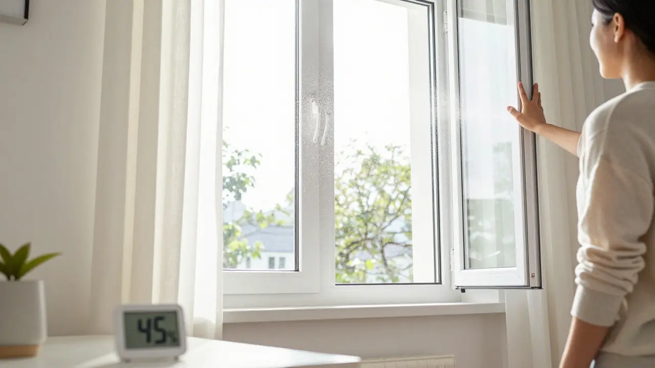 Person lüftet kreuzweise, frische Luft strömt ins helle Wohnzimmer